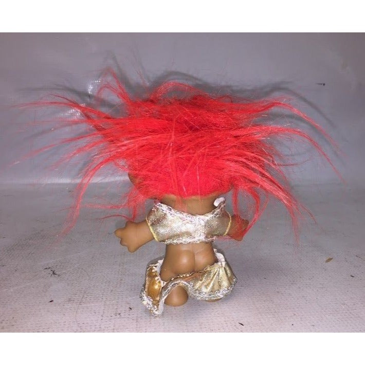 Disco Troll! Red haired troll - gem in belly - metallic looking crop top and skirt - Ace Noelty co - 5 in tall