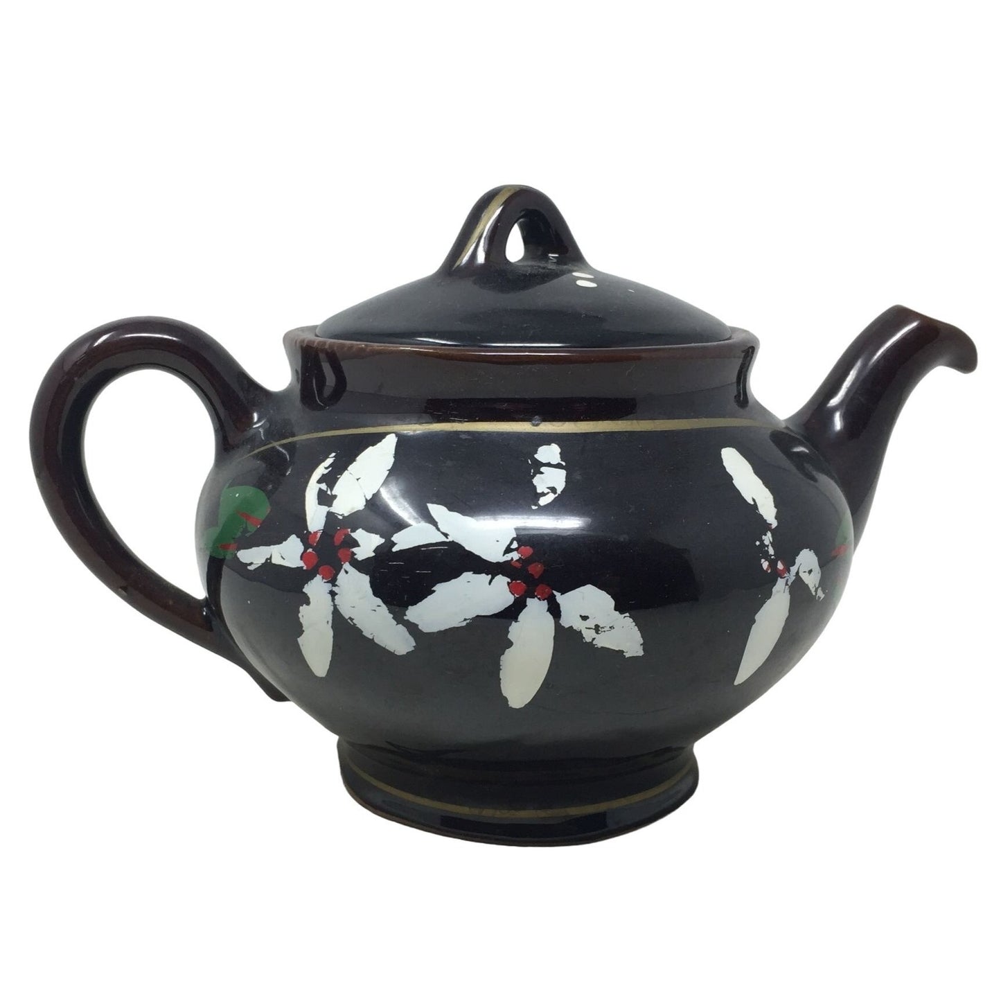 Lidded Black Teapot with White and Red Abstract Flowers