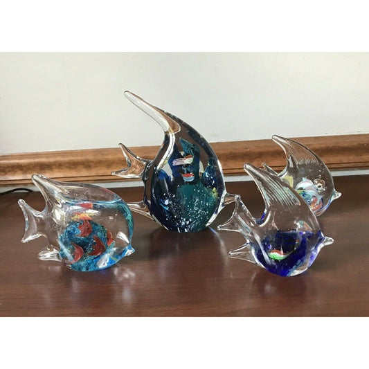 ART GLASS CLEAR Colorful FISH Paperweight Set Of 4 Various Sizes