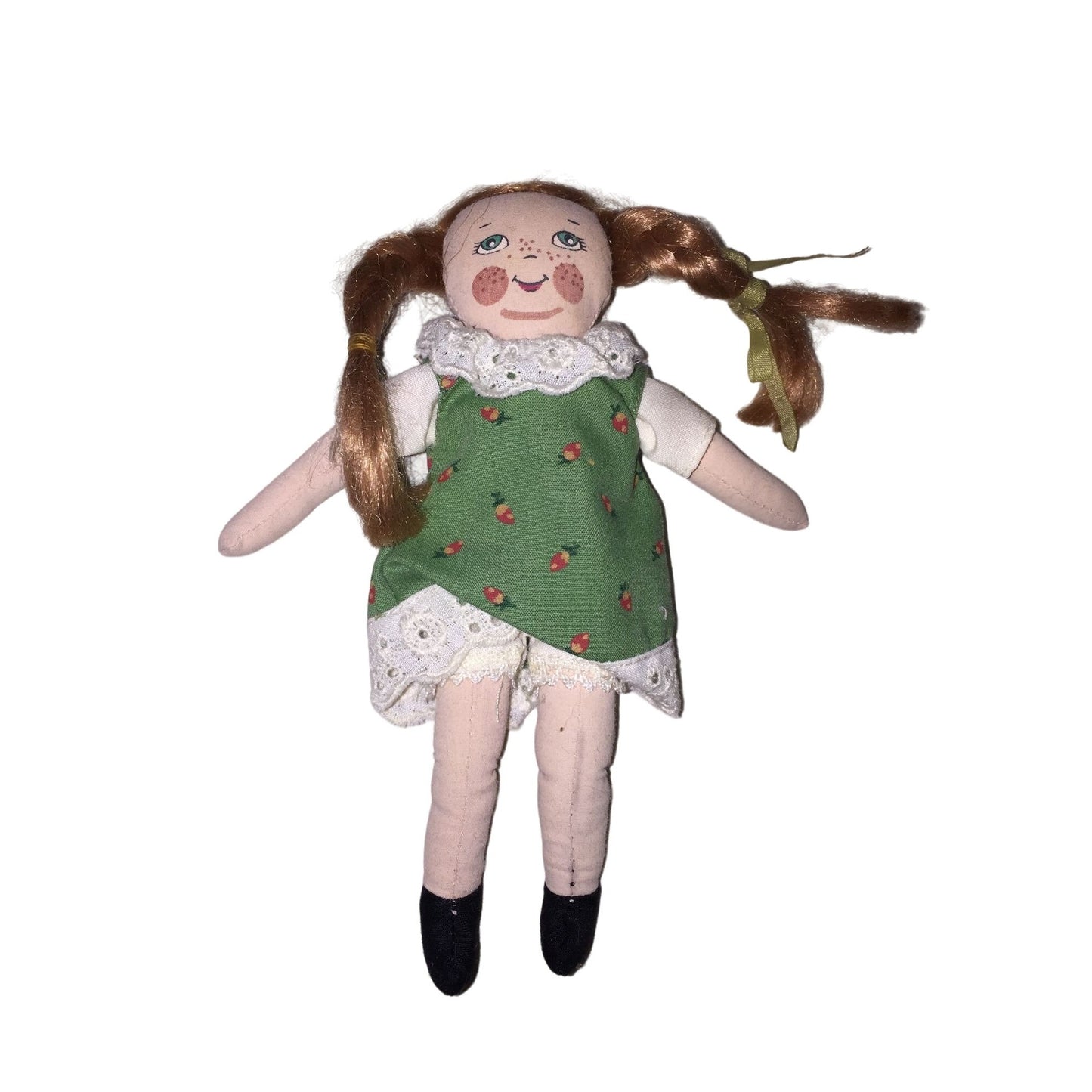 Small Companion Doll for a Larger Collectible Doll Braided Pigtails and Green pattern Dress