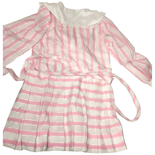 Vintage Girls Dress - Pink and White Stripe Pattern with Ribbon and wide Foldover Collar size 6T