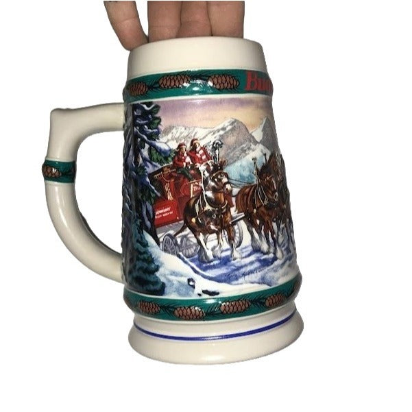 Budweiser 'SPECIAL DELIVERY ' Holiday Beer Stein - Winter Snowy Scene with Clydesdale horses and Budweiser sleigh -Very good condition in or