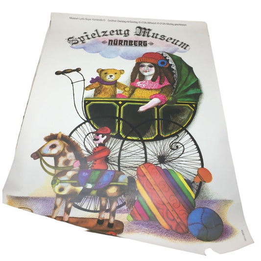 Doll in Carriage w Teddy & Hobby Horse Spielzeug Museum Nurnburg (Nuremburg) Vintage 1970-1980s Poster - approx 23.5" x 33"