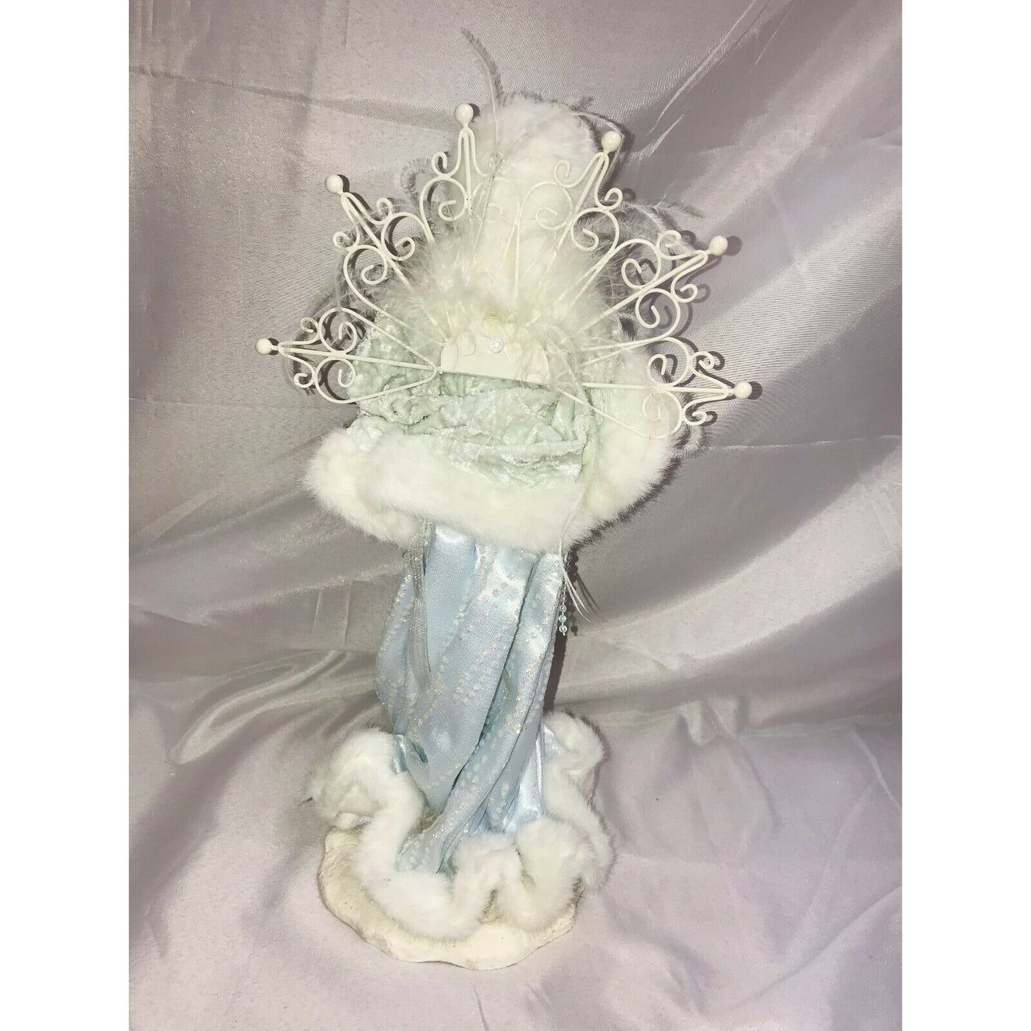 Porcelain Christmas Angel on Base White Fur & Blue Gem Beads Gown