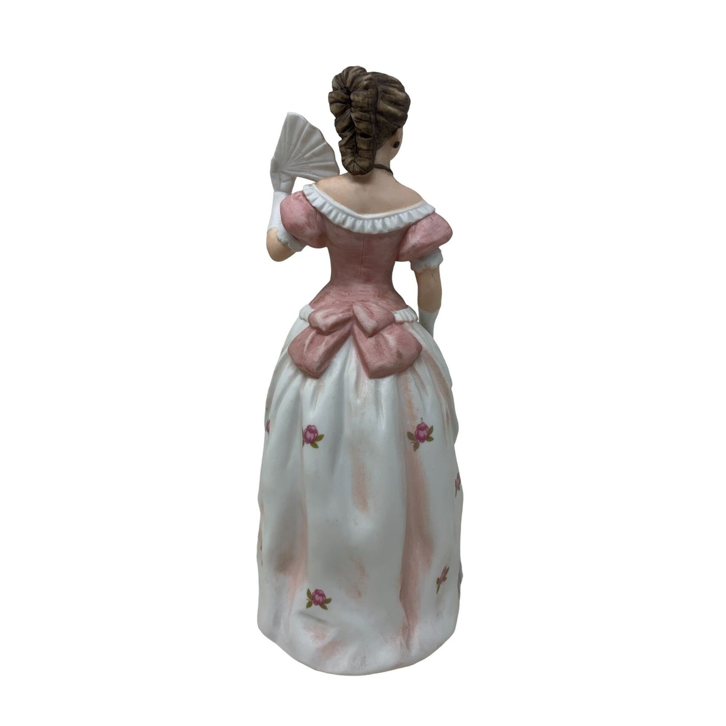 Victorian Woman with Fan "Shall We Dance?" Brown Hair with Pink and White Dress 8" Tall