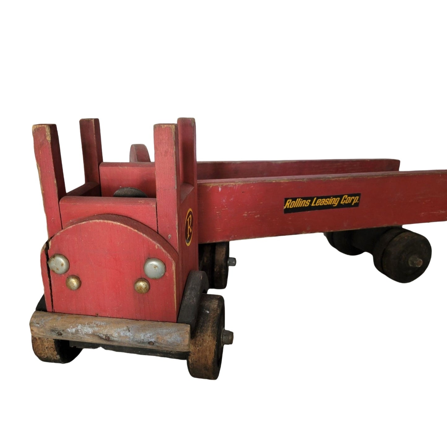 Antique Red Wooden Truck Toy with Rollins Leasing Co. Logo - Vintage Truck and Trailer