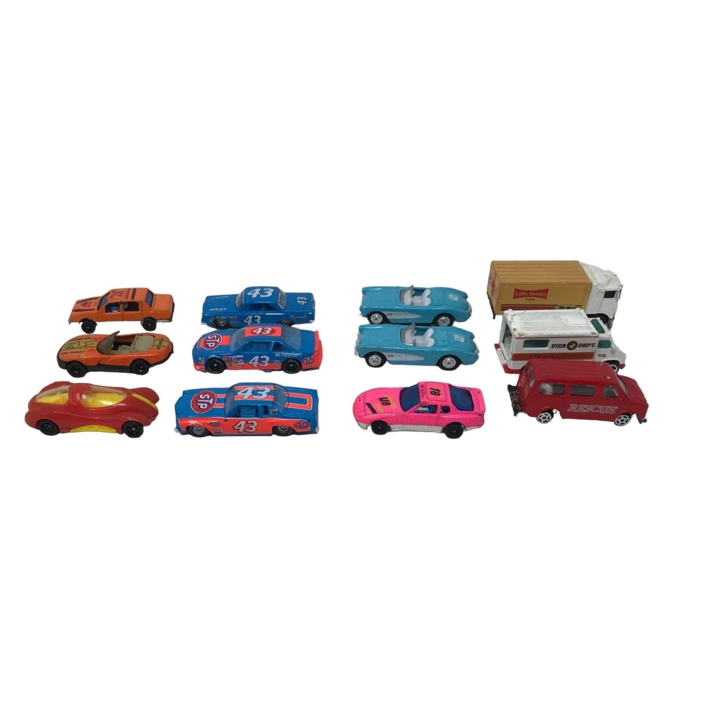 Vintage HOT WHEELS Cars (Most Diecast) STP #43, Orange Racer, FireTruck, Blue Bonneville, Little Debbie, Hot Pink #18