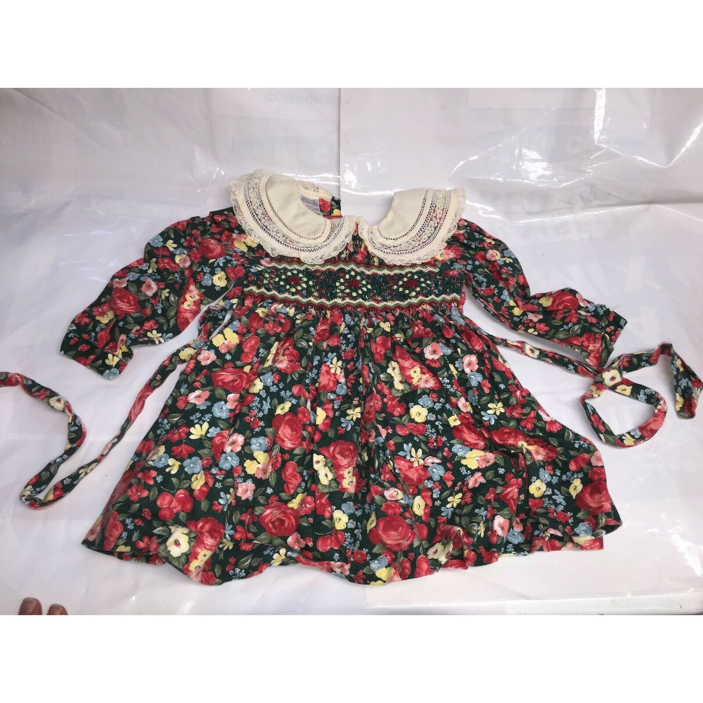 Vintage Smocked Baby Dress 12 Mos Bold Florals on Dark Lace Collar