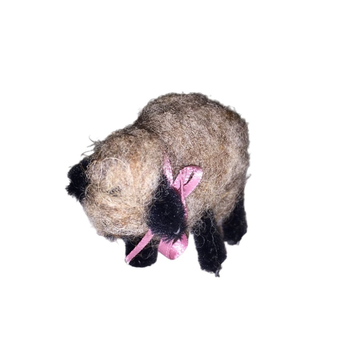 Brownish Dark Wool Sheep with Black Accents - Pink ribbon and bell  Handmade