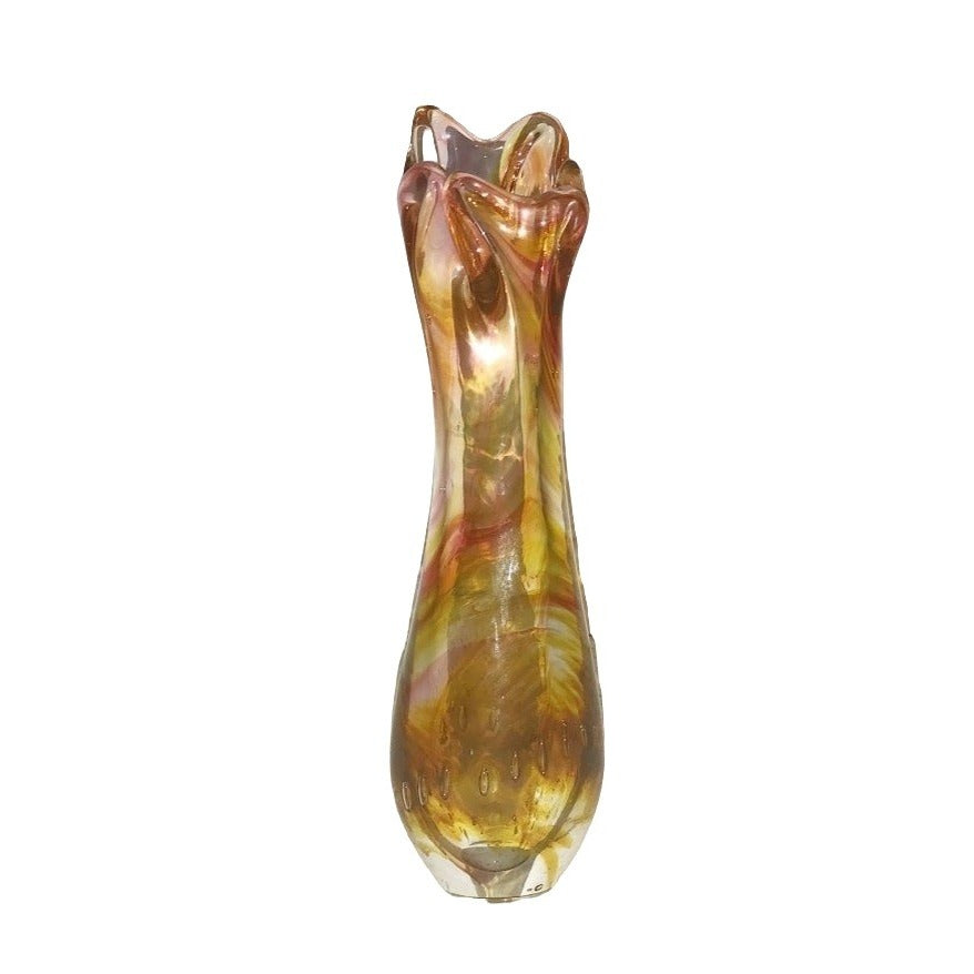 MARTY CHRISTY 2003 Beautiful ART GLASS Bud Vase - Orange and crimson swirl white and Clear Signed and INSCRIBED 'Merry Christmas, Sally' - L