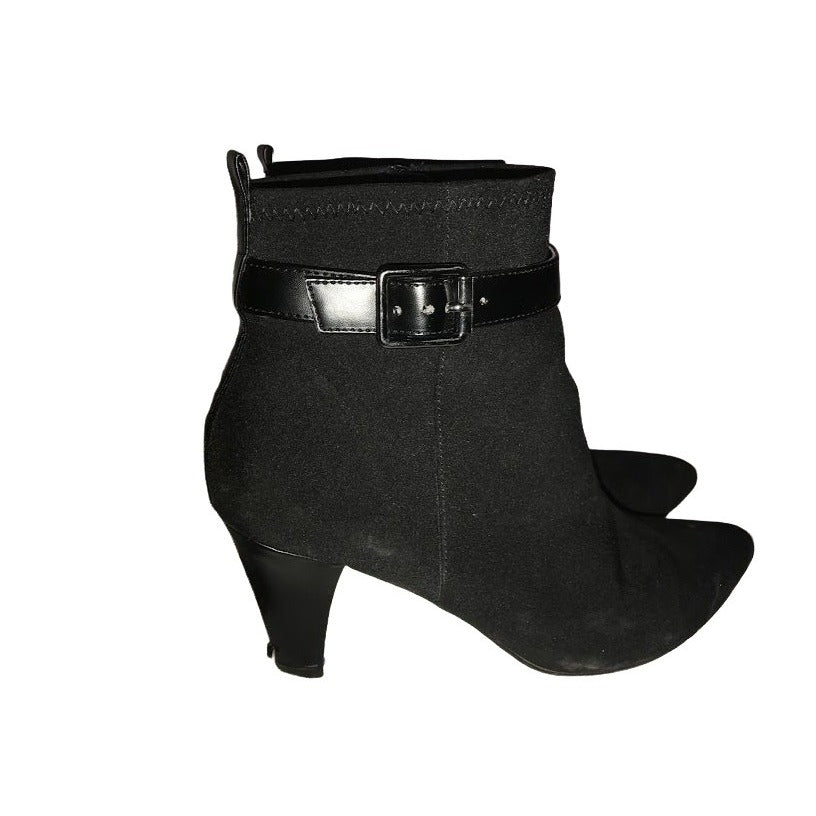 Black Heeled Booties - Womens Boots belt around each with small buckle- size 8.5 - some wear and dust - overall good condition ( see photos)