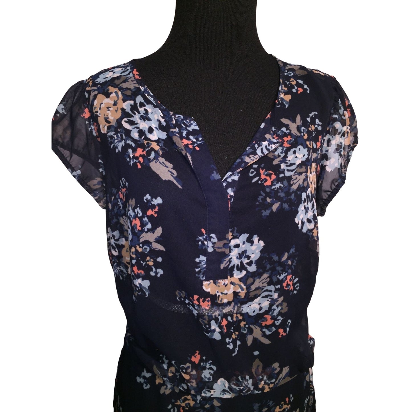 A New Approach (a.n.a.) Womens Blouse Blue awith Floral Print - Size PM Petite Medium