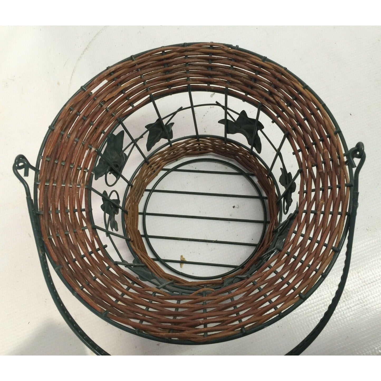 Decorative Metal Wire Basket w Wicker & Tall Handle - Metal Leaves