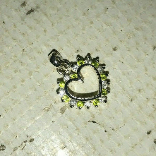 Pretty HEART PENDANT Green and White Stones on Silvertone Heart