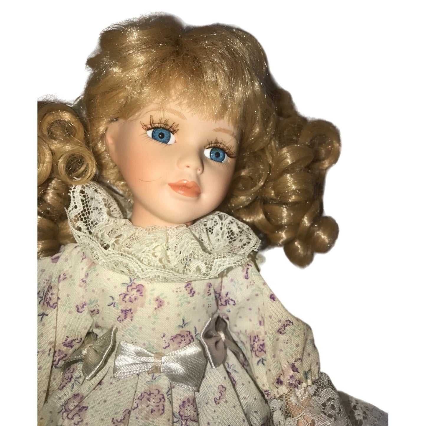 Sweet Faced 10" Porcelain doll - Fun long blonde curly Q Pigtails & big blue eyes - Beautiful face - great starter doll for your budding