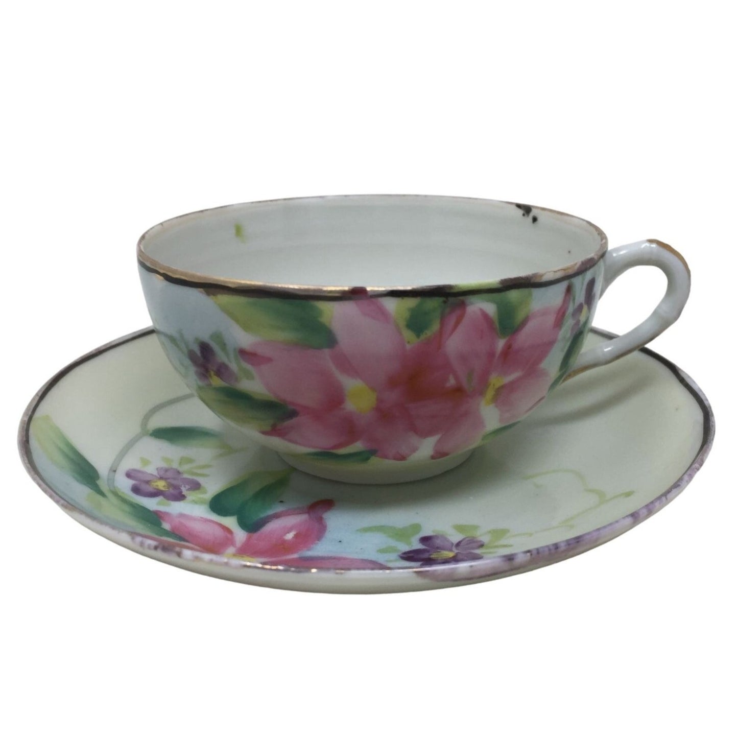 Vintage Hand painted Tea Cup and Saucer Set Pink and Purple Flowers with Leaves