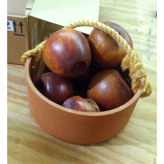 WOODEN APPLES Six Apples in Terra Cotta Basket Table Decor 1 Eaten