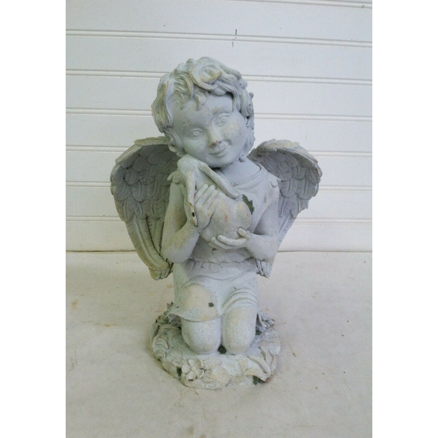 Smiling CHILD ANGEL Embracing Bunny GARDEN STATUE Lovely Details