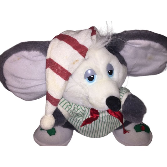 Vintage Christmas Mouse by Applause - Stripe Hat and green pajamas - Red Bow