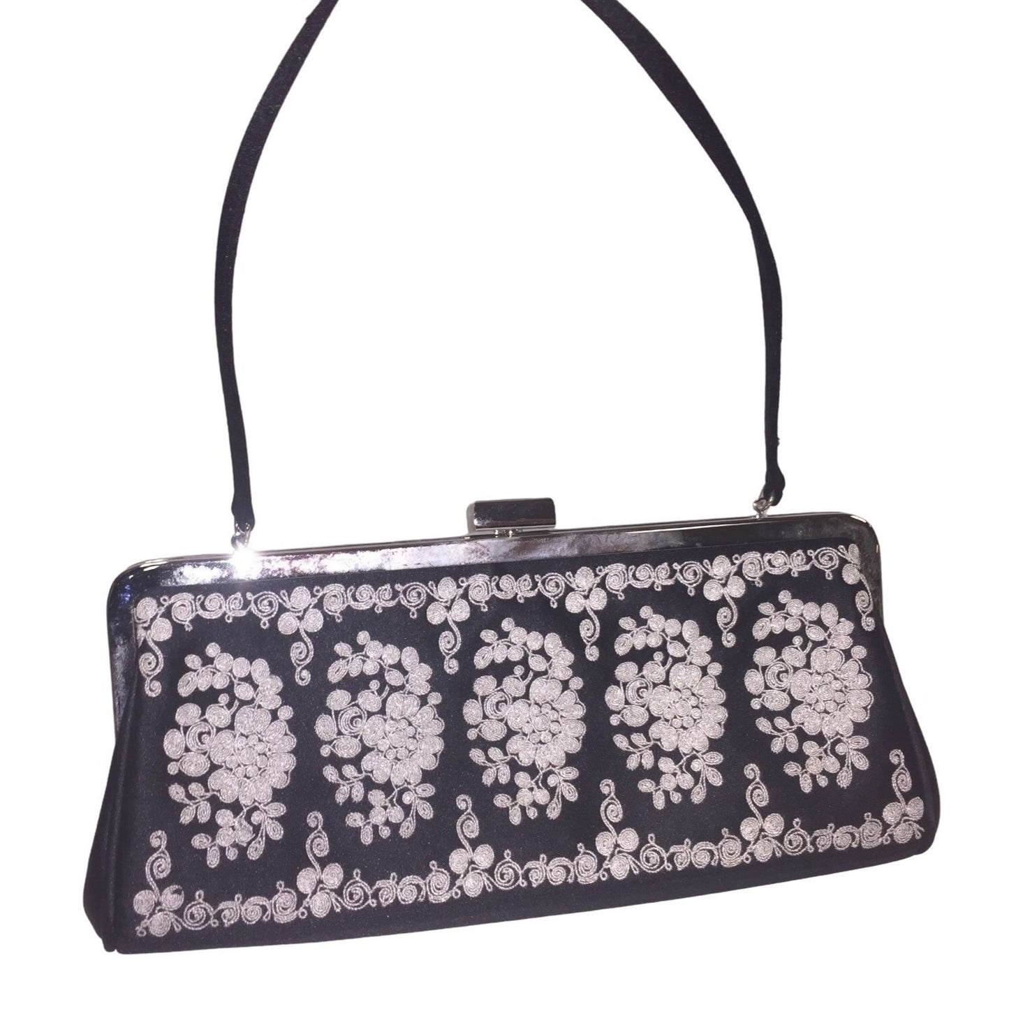 Kate Landry Ornately Embroidered Clutch Evening Bag - Shoulder and Hand Strap - Black & White