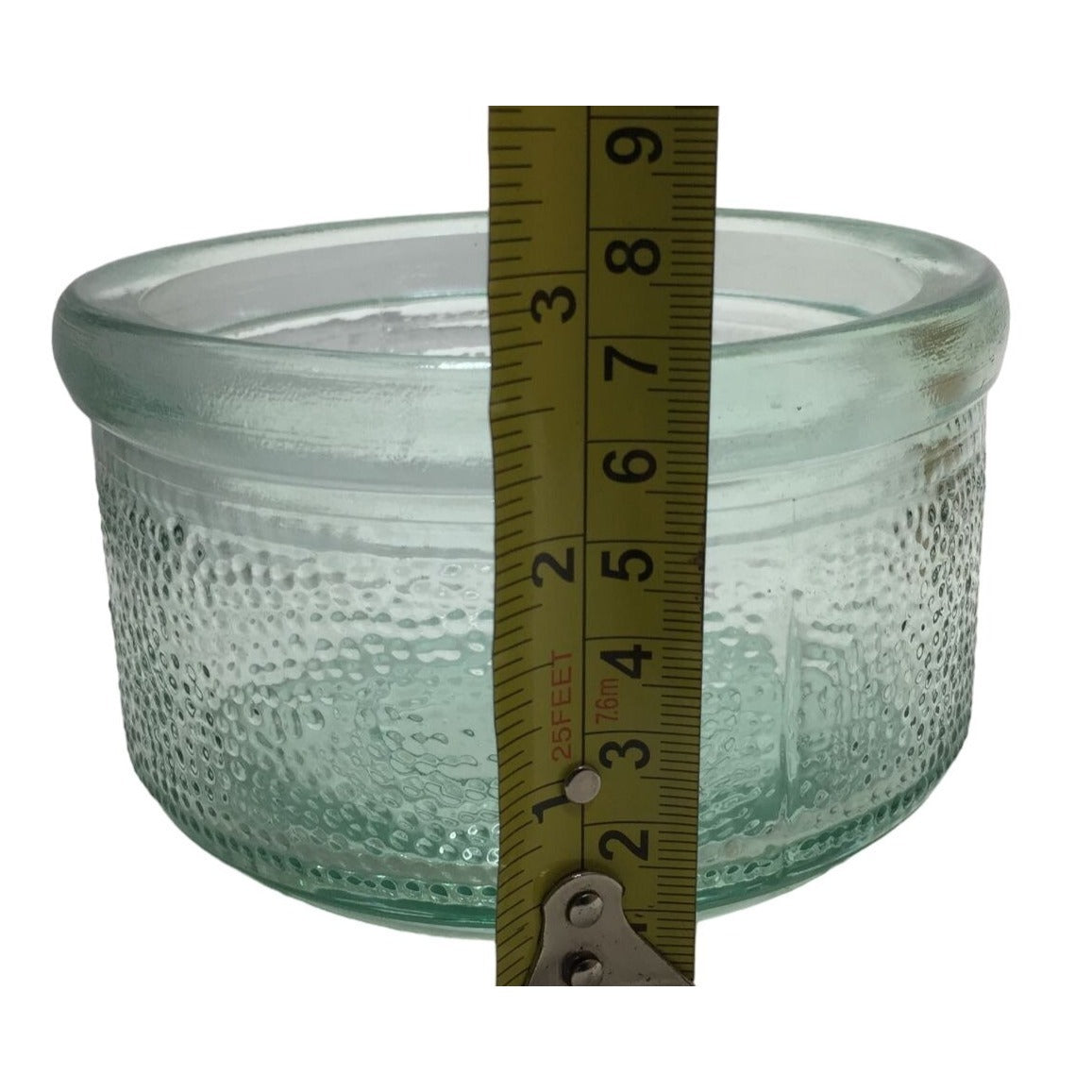 Textured Greenish Glass Jar for Candles or trinkets etc  4.5" wide 3" tall