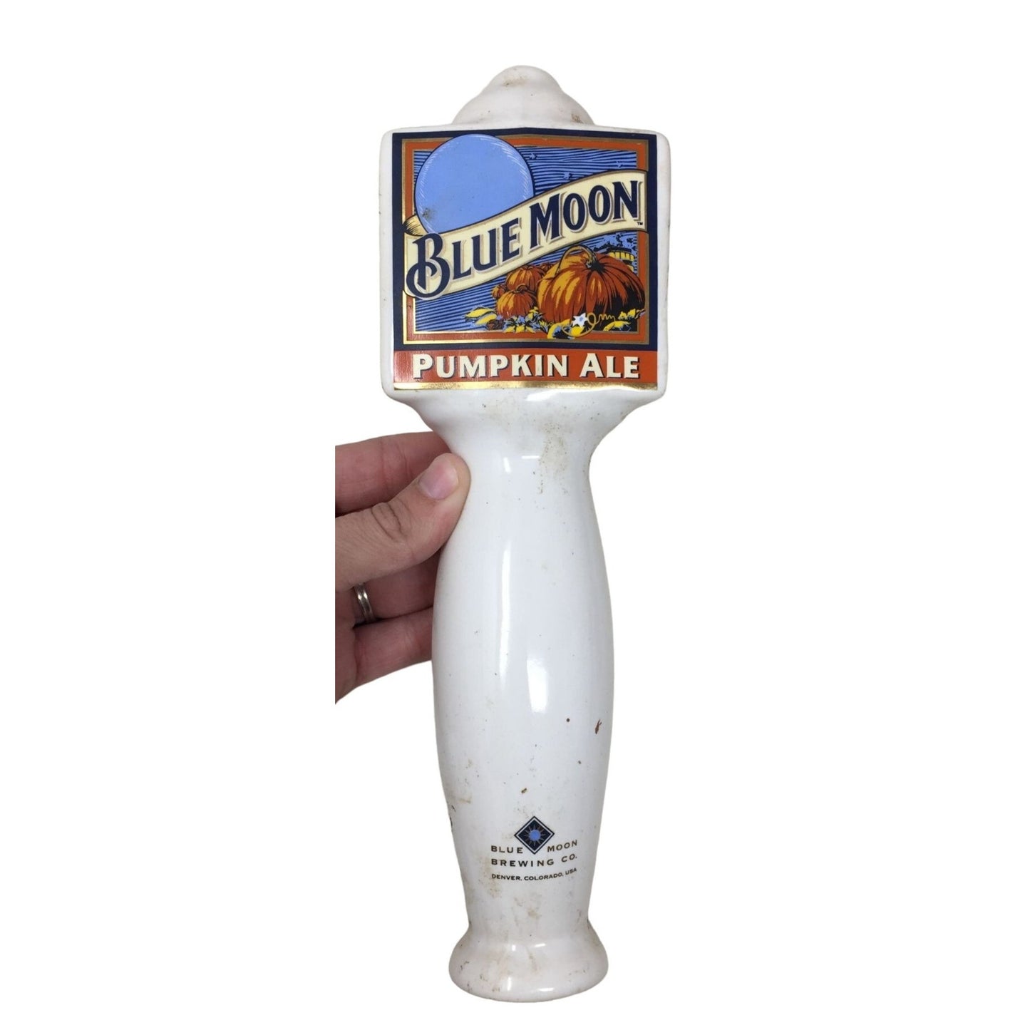 Blue Moon PUMPkin Ale Beer Tap Handle - White eramic with Triangular Head - Man Cave - Barware