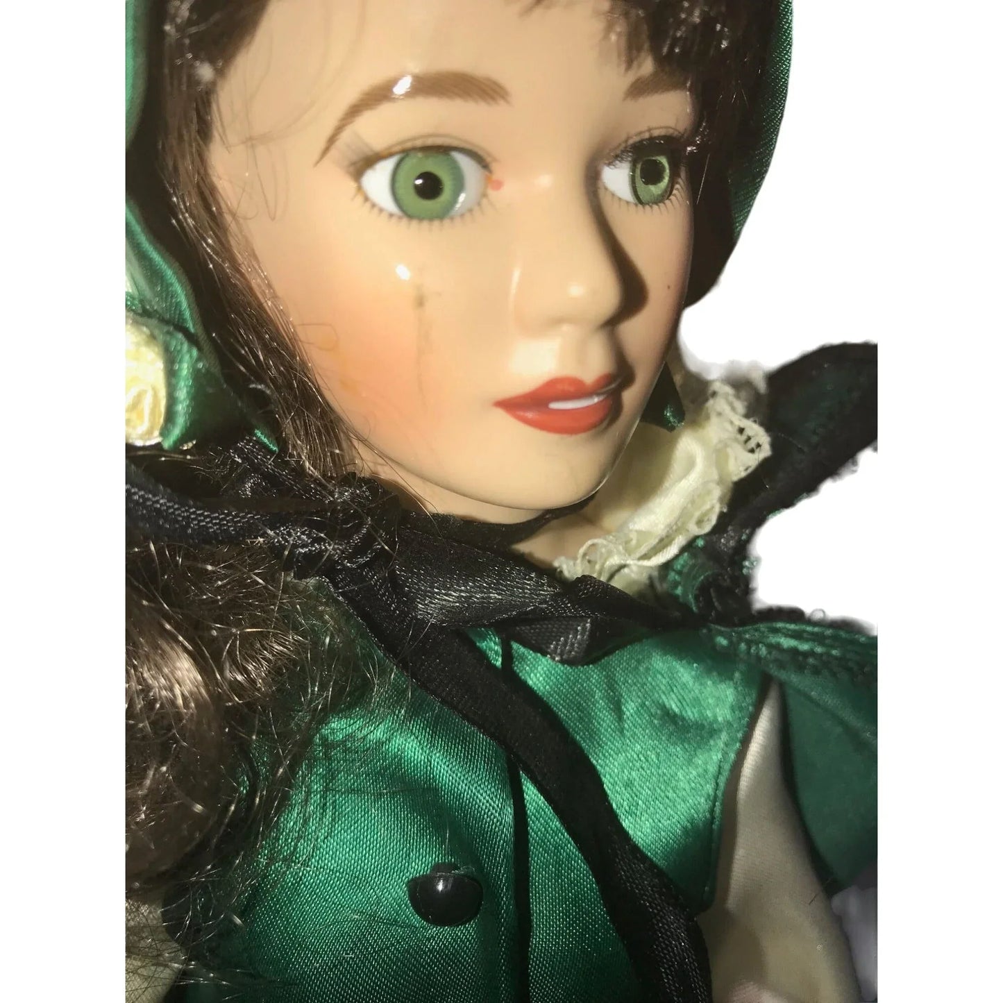 Royalton Collection 1998 porcelain doll - dark hair green silky dress - wig coming loose (need re-glued) - bright beautiful eyes - shoes pai Royalton Collection  A+ Stuff