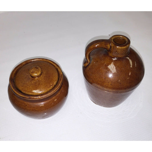 Vtg STONEWARE Set JUG and LIDDED CROCK Brown w Gloss Glaze Jar