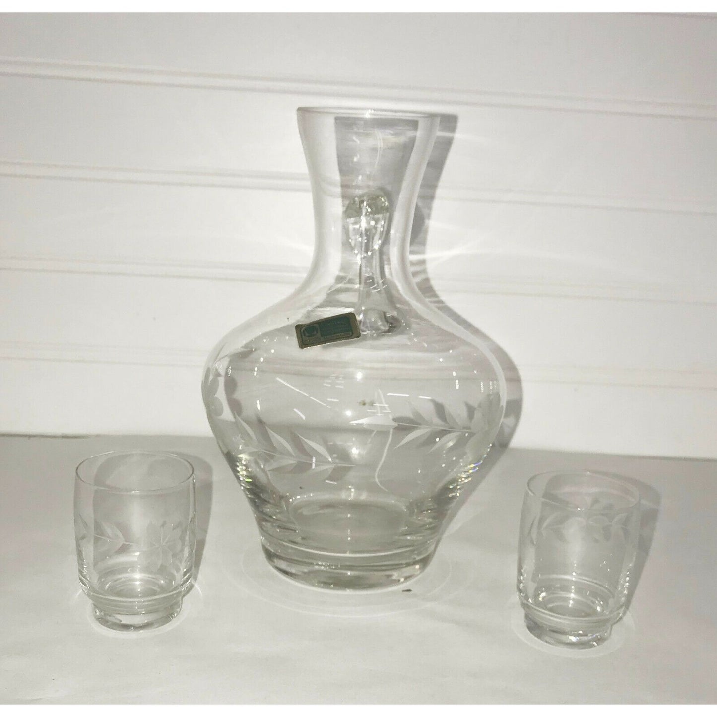 VINTAGE GLASS Carafe LAUSITZER GERMANY with Pips - cups - Etched