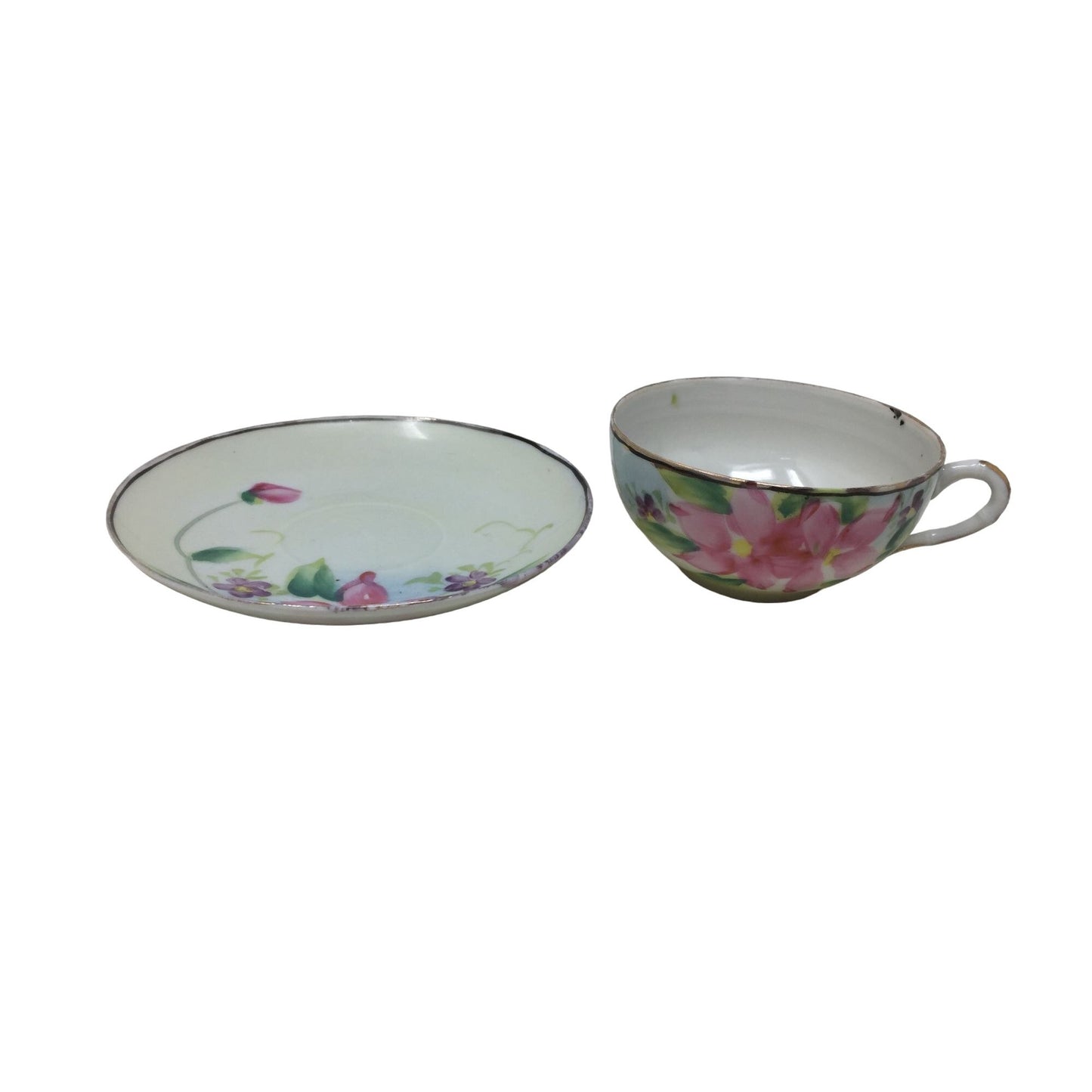 Vintage Hand painted Tea Cup and Saucer Set Pink and Purple Flowers with Leaves