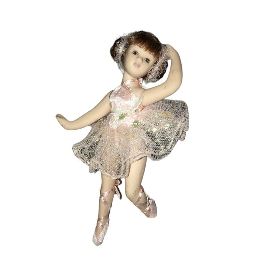 Pretty Ballerina doll in pink tutu bodice and hair decor - with toeshoes and small white stand - petite sweet young dancer piece