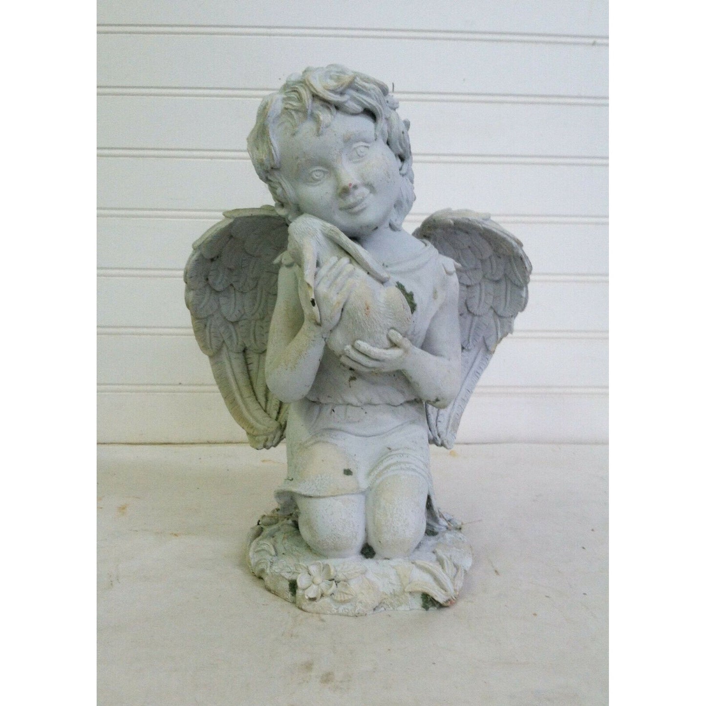 Smiling CHILD ANGEL Embracing Bunny GARDEN STATUE Lovely Details