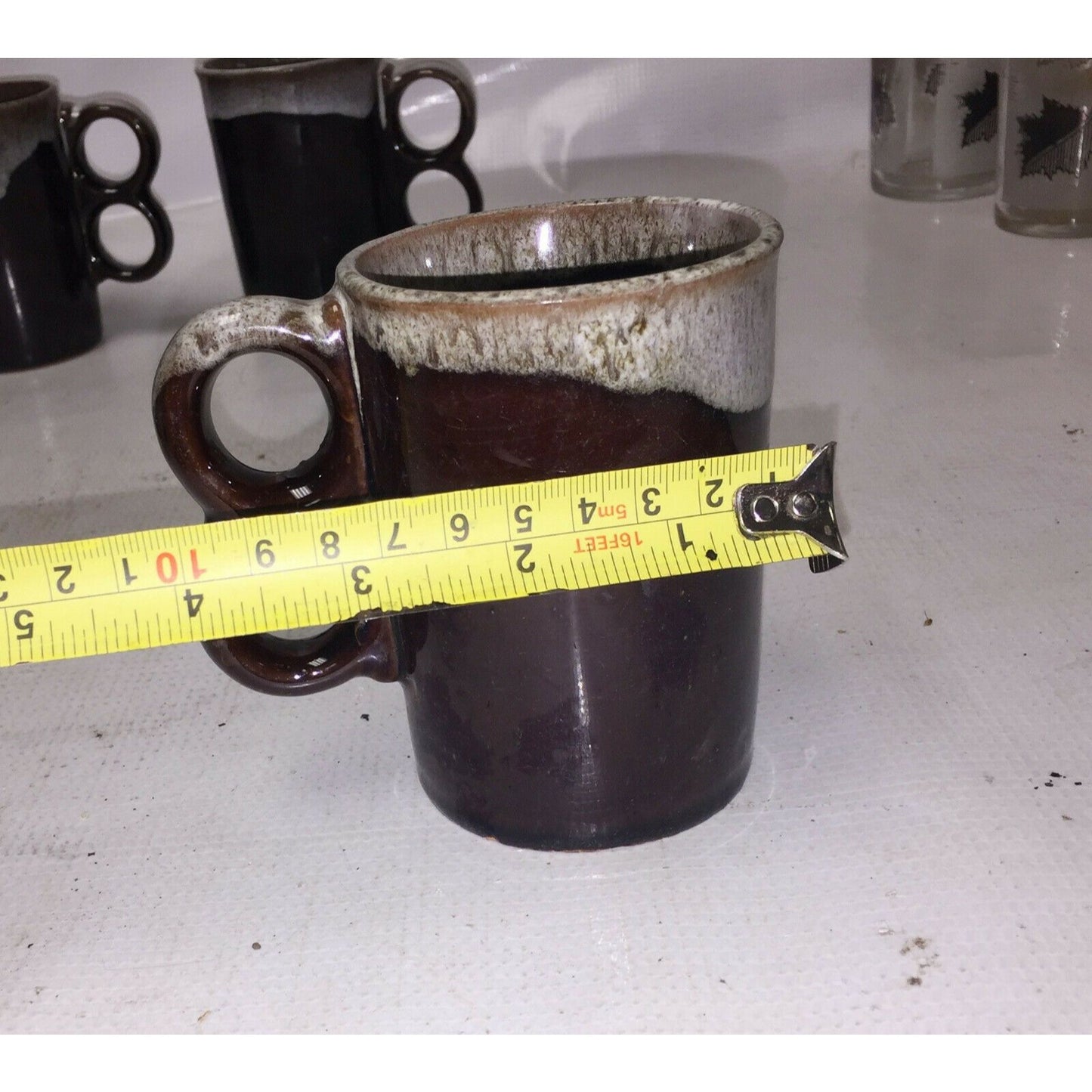 Stoneware DOUBLE FINGER Mug SET Chocolate w White Speckled Rim