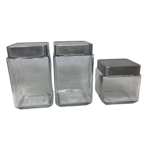 Set of 3 Clear Glass Square  Canisters with Airtight Lids 2 7" , one 4.5"