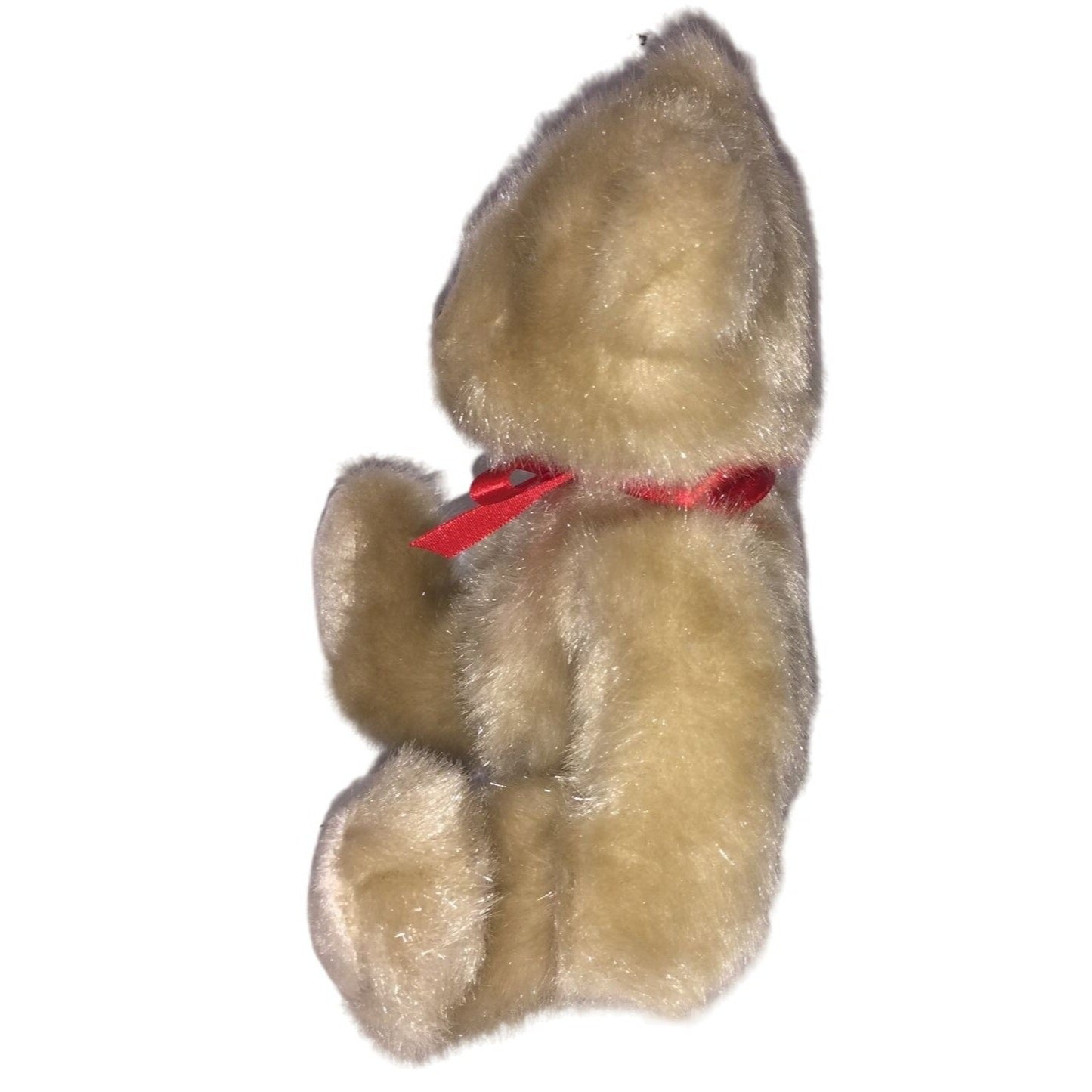 Vintage Tan Jointed Teddy Bear with Deep Red Ribbon. 7" Tall ( when sitting) - Would be a Great holder for a Holiday Gift!