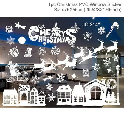Christmas PVC window sticker with Santa sleigh, reindeer, snowflakes, Christmas houses