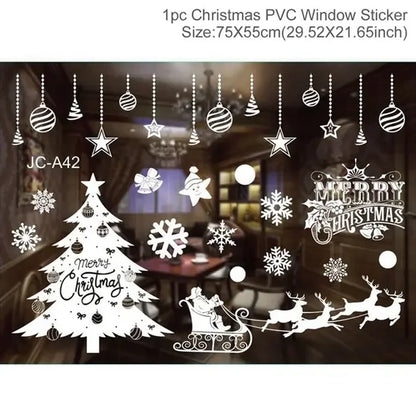 Christmas PVC window sticker with tree, snowflakes, stars, ornaments, Santa sleigh, and Merry Christmas text.