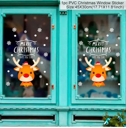 Christmas window stickers with cartoon reindeer, snowflakes, and 'Merry Christmas' text on glass